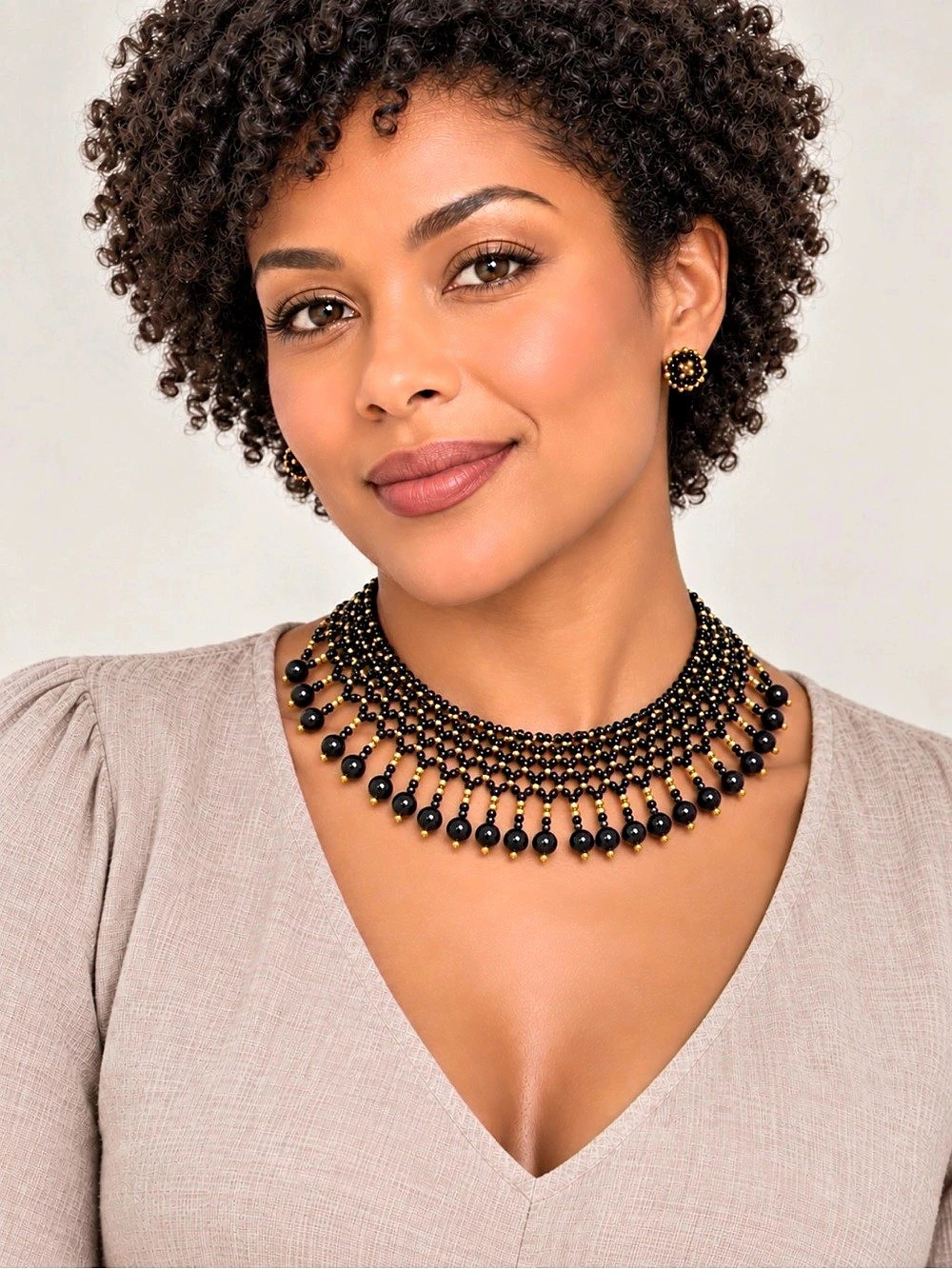 Handmade 108 Jewelry Beaded Statement Necklace & Earrings in Black & Gold NWT